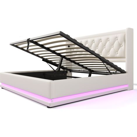 Cama canapé doble 140x200 cm blanca de PU con LED en 3 lados y carga USB-C (1/5)