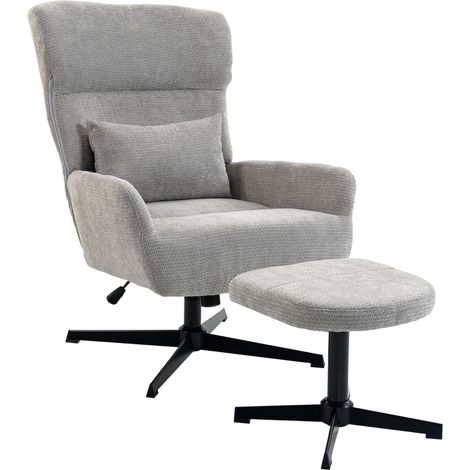 Beyamis Chaise de salon pivotante à 360° avec pouf, réglable en hauteur, revêtement de chenille, avec oreiller lombaire, blanc crème (1/5)