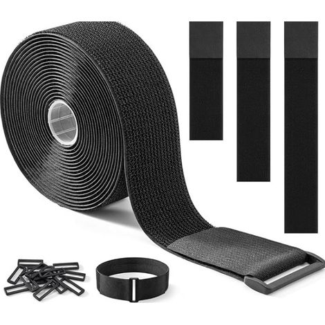 Bande de serrage de 5 cm × 5 m, comprenant 15 attaches, bande Velcro découpable, bande de serrage réglable, noir