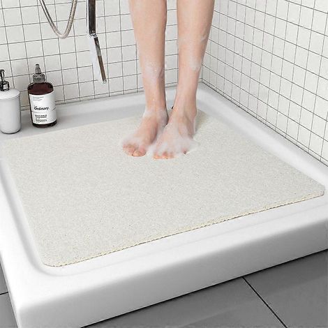 Tapis de douche blanc antidérapant, 60 x 60 cm, tapis de baignoire antidérapant avec bonde, tapis de bain en luffa souple en PVC, séchage rapide. (1/4)