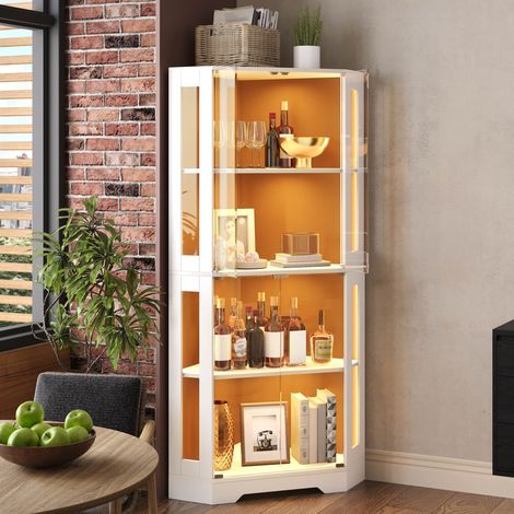 Buffet de cuisine haut led 40x40x165cm buffet vitrine prise électrique casier à bouteilles - mdf - blanc (1/5)