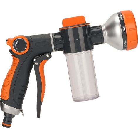 Lance d'arrosage réglable pour tuyau de jardin – Buse haute pression à 8 modes d'arrosage avec réservoir à savon – Pulvérisateur moussant pour tuyau d'eau (Modèle à gâchette avant) (1/4)