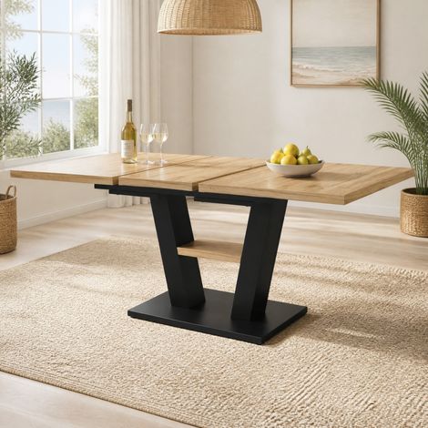 Table à manger extensible 157×70×75 cm, avec 1 étagère, table de cuisine-salon, structure en MDF, marron clair+noir (1/5)