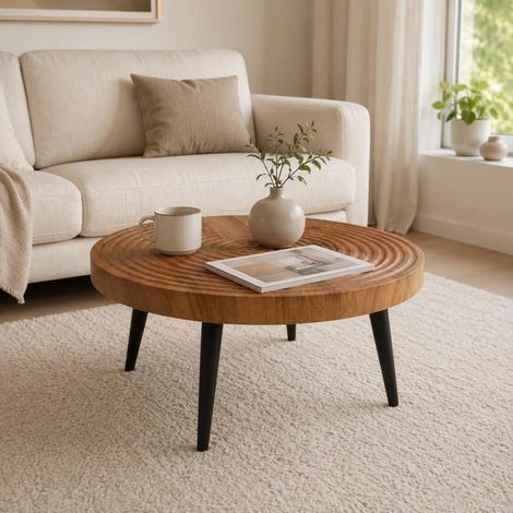 Table basse table de salon forme ronde teinte gingembre plateau renforcé pieds métalliques noirs fins (1/5)