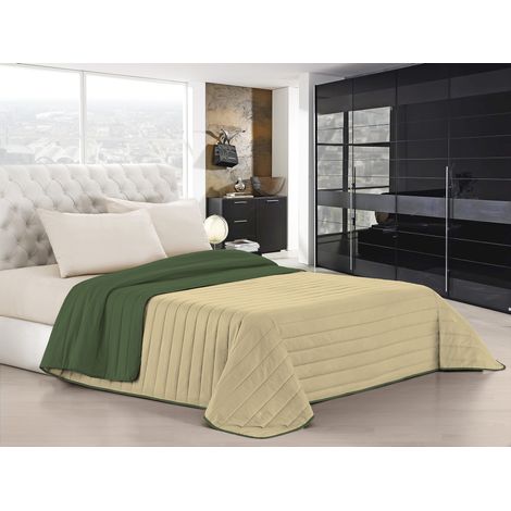 Trapuntino Bicolore Copriletto Coperta Leggera Effetto Piuma Primaverile Estivo Prodotto Italiano Trattamento Manopesca Duck Friendly Verdescuro-Panna - Matrimoniale