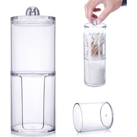 2 en 1 Distributeur de Coton, Boite Coton Tige, Boite Salle de Bain, Acrylique Rangement Coton Tige pour Cosmétiques, Boules de Coton, Tampons (1/5)