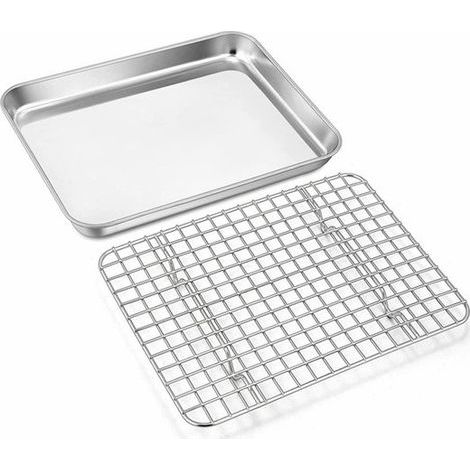 Plaque de cuisson Longziming avec grille de refroidissement – Acier inoxydable – 31,5 x 24,5 x 2,5 cm – Durable – Moule à gâteau, plat de cuisson pour rôtir et servir, facile à nettoyer (1/5)