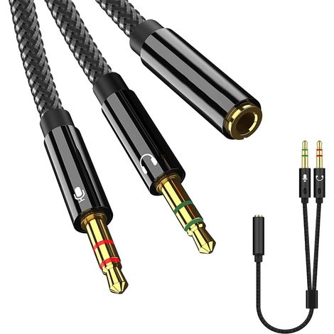 Adaptador de conector de audio estéreo de 3,5 mm de 22 cm, adaptador divisor en Y para auriculares y micrófonos, conector hembra de 3,5 mm a dos conectores macho de 3,5 mm para PC, PS4, Xbox One, orde (1/5)