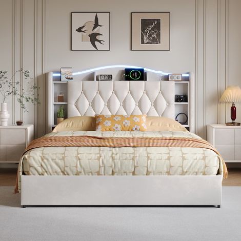 Lit rembourré 140 x 200 cm,Lit coffre avec rangement hydraulique,tête de lit avec espace de rangement,sans matelas,Structure de Lit avec LED et USB,Velours,Beige (1/5)