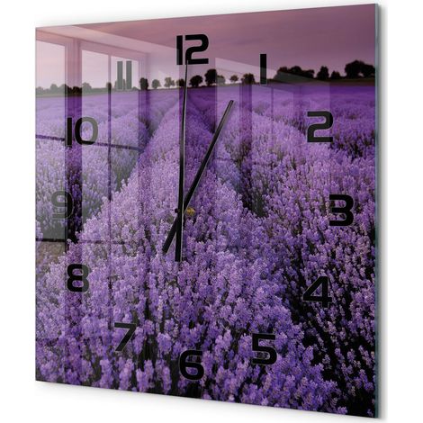 Grande Horloge Murale Carrée Silencieuse Sans Tic-Tac Verre Trempé Design Moderne Champ de lavande 60x60 cm (1/5)