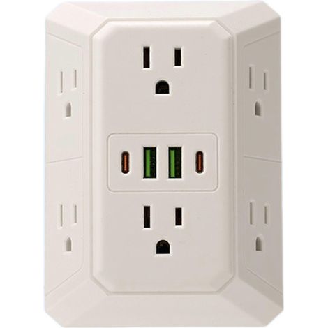 Multiprise multifonction 10 en 1 avec 6 prises secteur, 2 ports USB-C et 2 ports USB. Blanche. (1/4)
