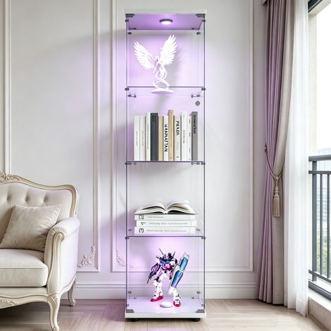 Vitrine en verre avec éclairage LED, vitrine collection 4 niveaux à simple porte, Protection anti-basculement pour salon, chambre ou bureau, base blanc, Dimensions 42.5x36.5x164 cm