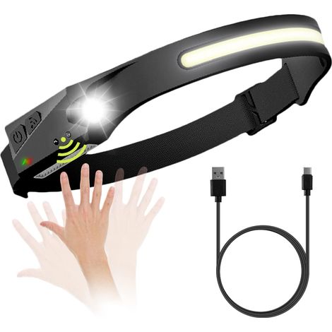 Lampe frontale à LED rechargeable par USB, 600 lumens, 5 modes, détecteur de mouvement, étanche IPX4, vision à 230 degrés, idéale pour la course, la pêche, le camping, la randonnée