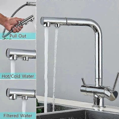 Robinet de cuisine à eau pure avec douchette extractible, rotation à 360°, mitigeur eau chaude/froide à double poignée, montage sur plage - Parfait (1/4)
