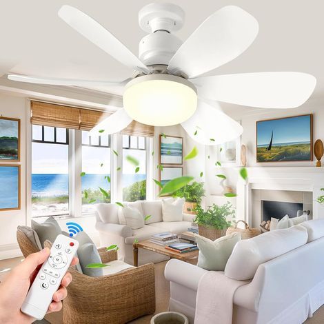 Deckenventilator mit Licht und Fernbedienung, Deckenventilator mit E27-Fassung, 6 Flügel, 3 Geschwindigkeitsstufen, leise, für Wohnzimmer, Schlafzimmer (Weiß) (1/5)