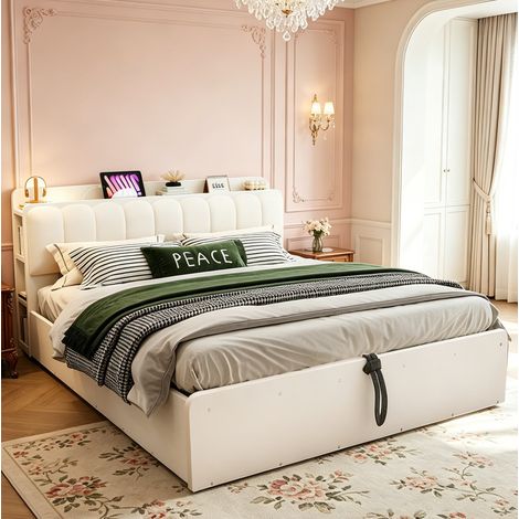 Lit coffre 180x200 cm en bois blanc, tête de lit USB et rangement, sans matelas – MEUBLIV (1/5)