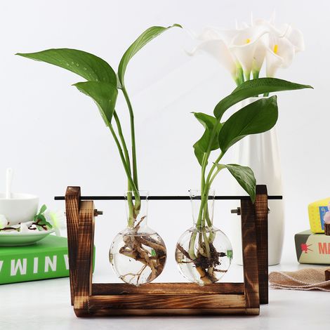 Vase terrarium vintage en bois avec support en bois, vase en verre, pot de table pour la décoration de la maison ou du bureau. (1/5)