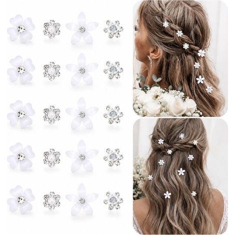 Lot de 20 mini pinces à cheveux avec strass – Fleurs – Blanches et transparentes – Mariage et quotidien (1/5)