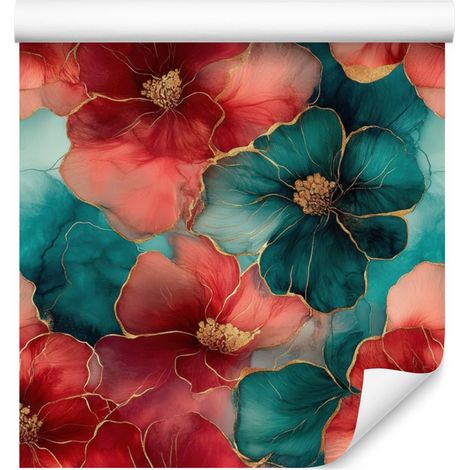 Papier peint à motifs encre rouge, turquoise et bleu marine pour salon et chambre, 50 x 1000 cm (1/5)