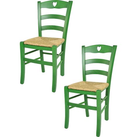 Tommychairs - Set 2 chaises CUORE pour cuisine, bar et salle Ã  manger, robuste structure en bois de hÃªtre peindrÃ© en couleur aniline verte et assise en paille