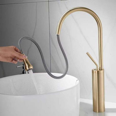 Robinet d'évier, 1 trou unique avec tuyau de 60 cm, cuisine de camping-car, buanderie, ferme, camping, bar, commode, or brossé (1/4)
