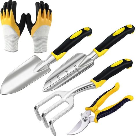 Set di attrezzi da giardinaggio, 5 pezzi, pala grande, pala piccola, rastrello a tre artigli, forbici, guanti (1/4)