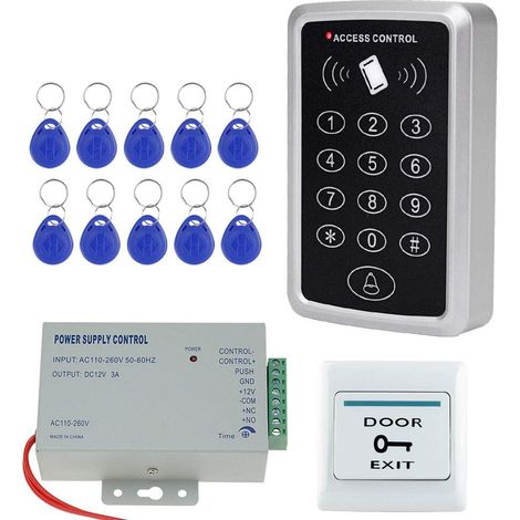 Lecteur de Cartes Clavier RFID avec système d'alimentation + Bouton de Sortie de Porte + 10pcs 125KHz Keyfobs No Electric Locks (1/5)