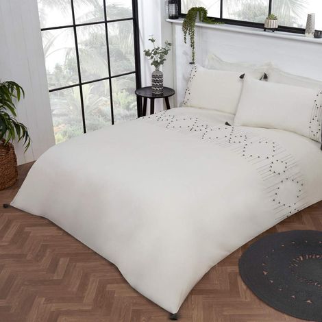 Parure de lit bohème avec Housse de Couette et taies d'oreiller uni Facile d'entretien, Douce et Confortable-Double (200 x 200 cm), Polycoton, Blanc/Noir (1/4)