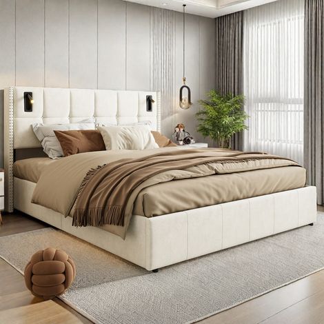 Lit double pour adulte 140 x 200 cm avec lampes de chevet–Lit coffre rembourré 140 x 200 cm–Velours beige–Sommier à lattes–Style scandinave