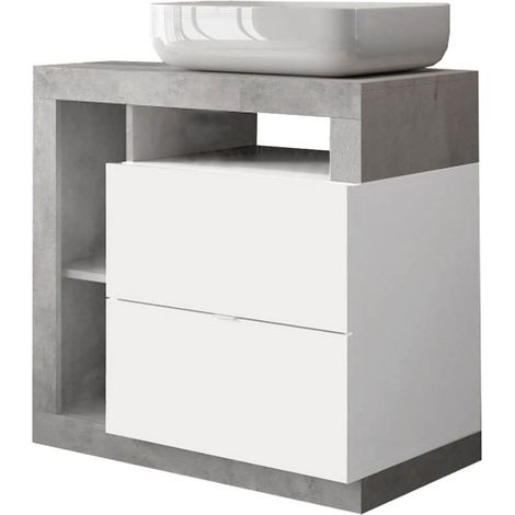 ARTURO - Meuble Vasque 78cm 2 tiroirs blanc laqué et aspect béton