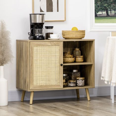 HOMCOM Sideboard Küchenhilfsmöbel mit Rattantür und 2 Ablagefächern für das Wohnzimmer 80x39x70 cm Natur