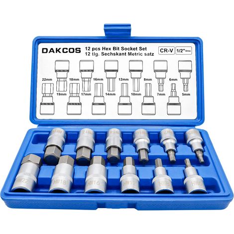 Lot de 12 douilles allen 1/2" 6 pans embout hexagonal 5-22 mm (1/5)