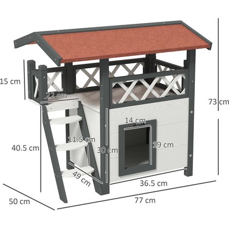 Niche d'extérieur avec terrasse et échelle, niche en bois pour chats et petits animaux, 77 x 50 x 73 cm, blanc et gris