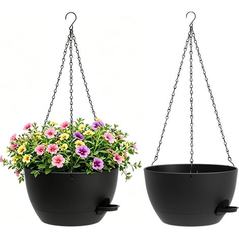 20 cm Self Watering Hanging Flower Pot, Set of 2, Black Hanging Planters for Indoor Outdoor with Drainage and Removable Tank, Plant Hanger for Balcony, Living Room (1/5)