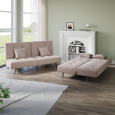 ELEGANT Sofa Bed 2 Seater with Sofa Bed Storage, Double Fold Design, Iron Legs, Adjustable Backrest and 2 Cushions, Khaki
