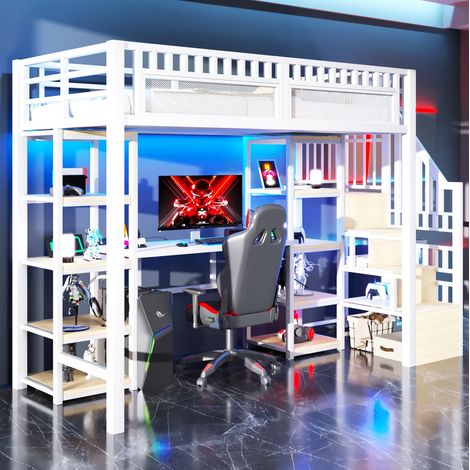 lit enfant mezzanine rangement bureau 90x200 blanc OKMYHOME