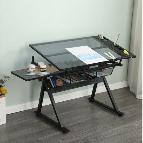Table à dessin inclinable en verre trempé 5 mm avec tabouret noir OKWISH (1/5)