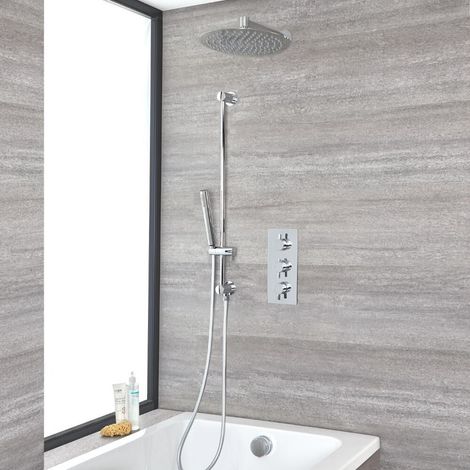 Milano Mirage 3 Outlet Triple Thermostatic Mixer Shower Valve with Wall Mounted 300mm Round Rainfall Shower Head  Hand Shower Handset Slide Rail Bar Kit and Overflow Bath Filler Tap - Chrome (1/5)