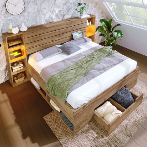 Doppelbett Massivholzbett, Stauraumbett Bettanlage mit LED-Beleuchtung und USB C Stauraum-Kopfteil und Schubladen, Bettgestell Lattenrost aus holz