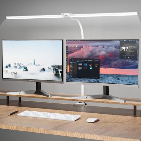 Lampe de Bureau LED Puissante, Dimmable Lampe Architecte à Double Tête avec Pince, 5 Modes de Couleur, Protection Yeux Lumière Bureau pour PC Travail, Étude, 80CM,Blanc (1/5)