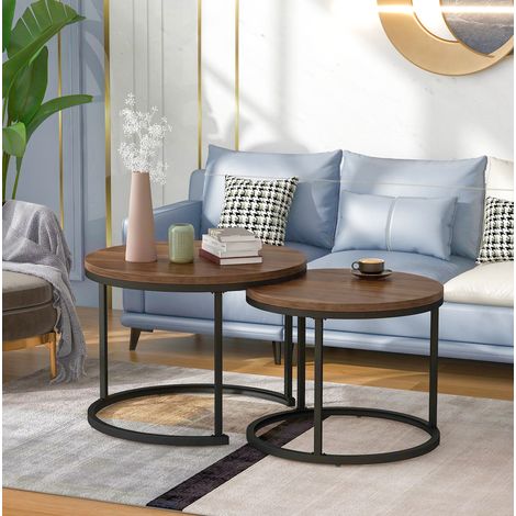 Table basse ronde gigogne, lot de 2, MDF et structure métallique, marron effet bois DESVIAE (1/5)
