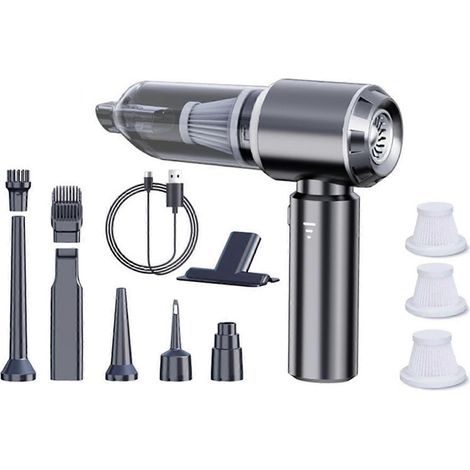 Aspirateur de voiture 16 000 Pa 4 en 1 sans fil, puissant, portable et mini, rechargeable, 6 000 mAh, USB, argent et noir. (1/5)
