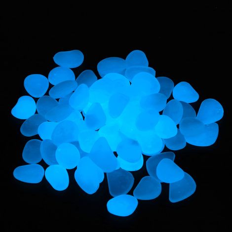 Pierres phosphorescentes d'extérieur, galets fluorescents pour jardins, cours, trottoirs et allées. 100 pierres/sachet, bleu clair. (1/5)