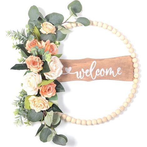 1 couleur : Vert  Matériaux : Fleurs en soie, panneau de bienvenue en bois pour la porte d'entrée, perles en bois et couronne d'eucalyptus.