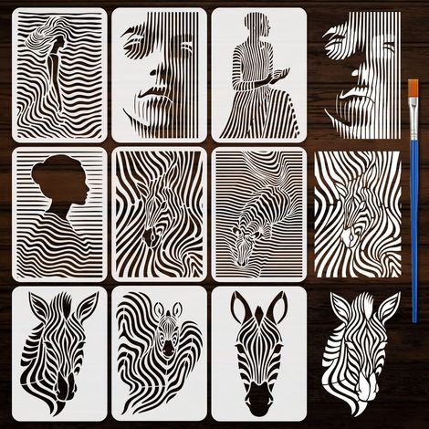 9Pcs Pochoirs Art Abstrait Rayures Avec Pinceau 21x29,7 cm - Motifs Textures Abstraites, Personnages Humains, Zèbres pour Peinture sur Bois, Mur, Tissu, Meubles (1/5)