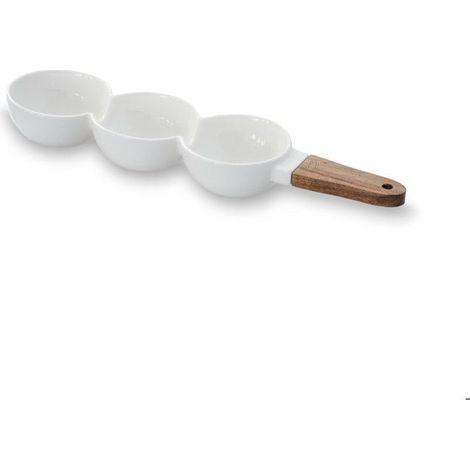1 plateau partage triple compartiment, porcelaine haute qualité, manche en bois d'acacia, idéal apéritif et présentation gastronomique