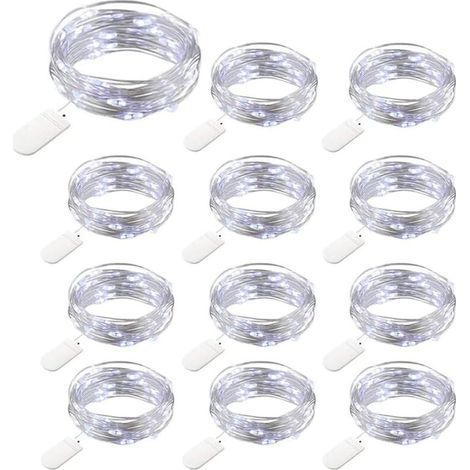 12 Packs Battery Operated String Lights, 20 LEDs 2M Copper String Lights, IP65 Waterproof Silver Wire Cool White Ambiance Light for Christmas Party Wedding Garden Patio Lawn Home Decoration MUMU