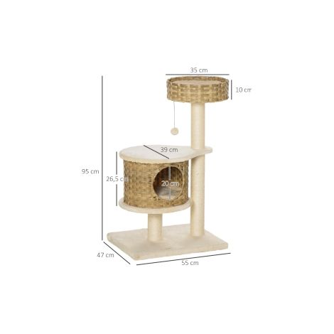 Arbre à chat naturel et beige en rotin avec niche et jouet à balle pour salon chambre et intérieur (1/5)