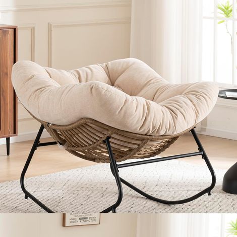 Oversized rattan rocking chair with removable thick padding and metal frame, maximum load 150 kg, lounge chair for garden, balcony, living room (white)