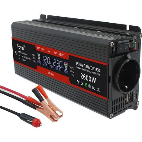 Onduleur de puissance, convertisseur stable de 12V à 220V avec affichage LCD, protection complète de sécurité pour voiture, camping et alimentation de secours, 12V 220V 2600W, prise européenne, 12V 22 (1/2)